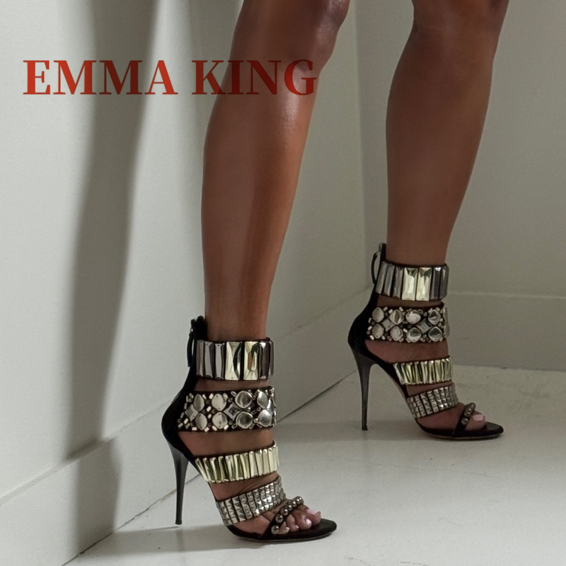 Rhinestone Sandal Women - Czarne zdobione sandały na pasku wokół