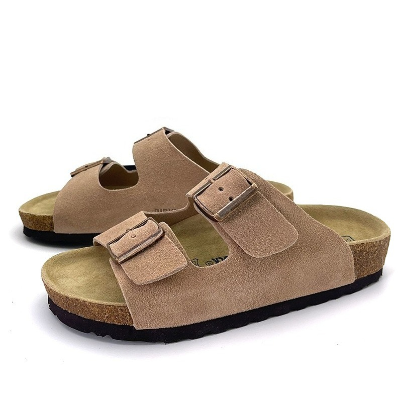 Cork Wedge Sandal - Modne zamszowe skórzane klapki na platformie