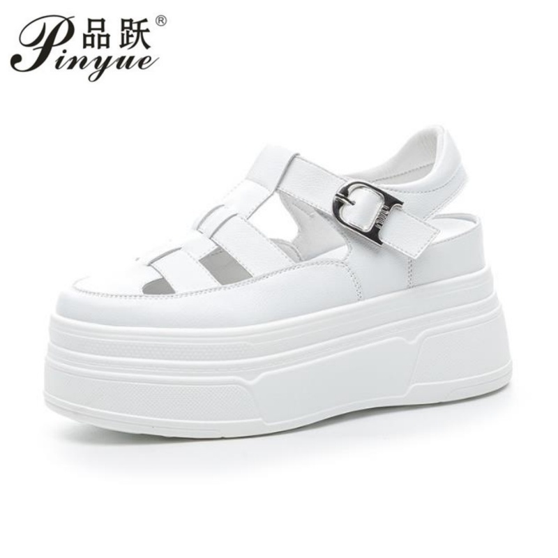 Wedge Heeled Sneaker - 8,5 cm ażurowe, skórzane, damskie letnie