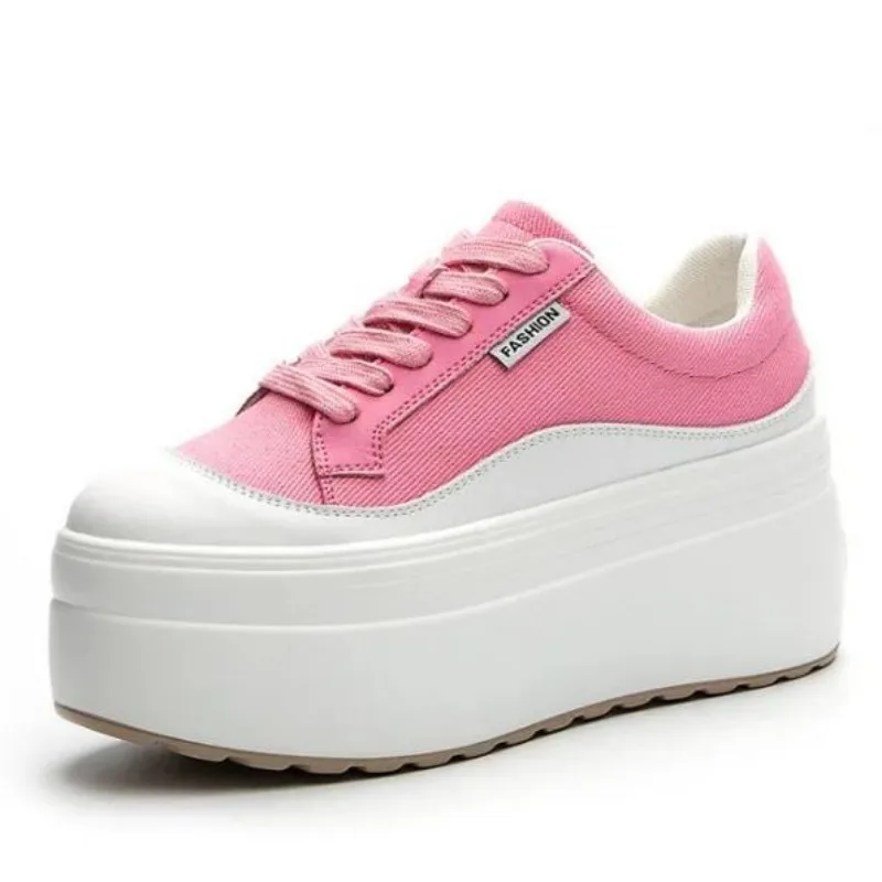 Wedge Heeled Sneaker - 8cm nowe płótno prawdziwej skóry damskie