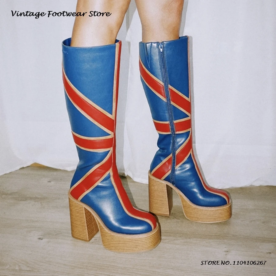 High Knee Heel Boots - Patchworkowe skórzane buty na platformie do