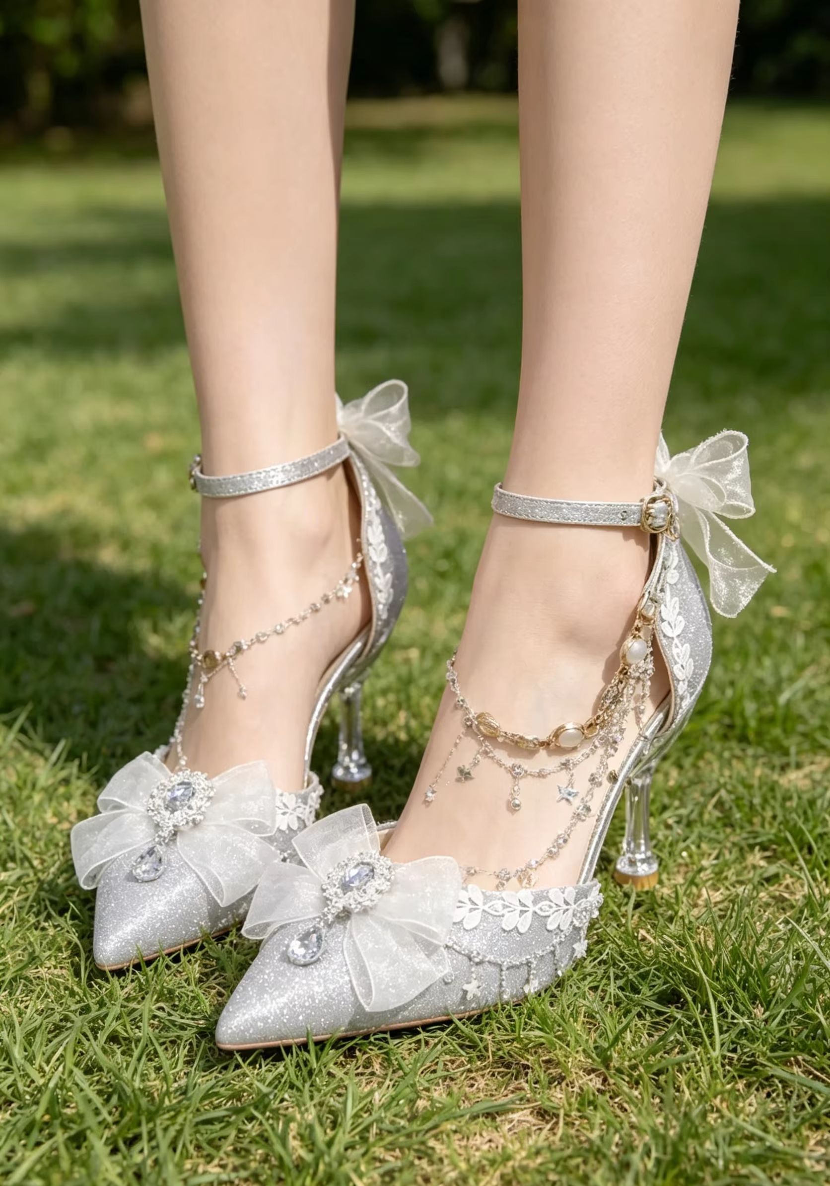 Rhinestone Sandal Women - Srebrne Brokatowe Ślubne Szpilki Damskie z