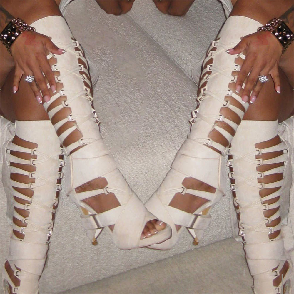 High Knee Heel Boots - Gladiatorowe kozaki za kolano z paskami