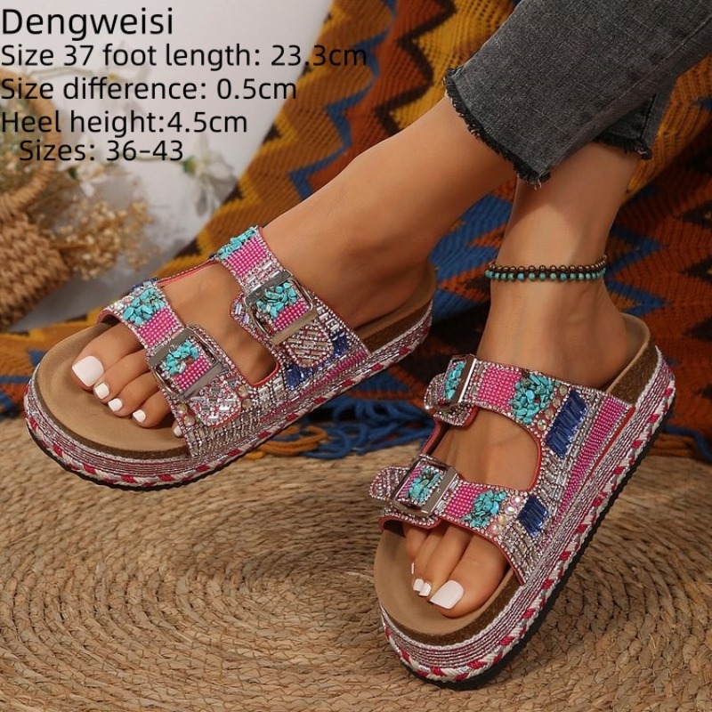 Cork Wedge Sandal - Różowe sandały damskie na platformie z