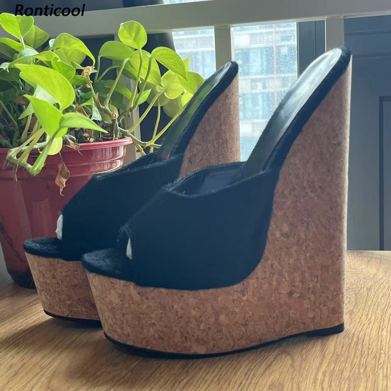 Cork Wedge Sandal - Ronticool Ręcznie Robione Damskie Czarne Klapki
