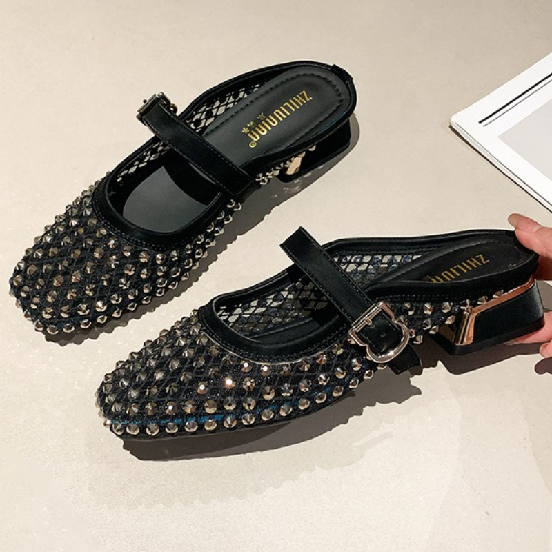 Rhinestone Sandal Women - Klapki damskie z siateczki, zdobione dżetami,