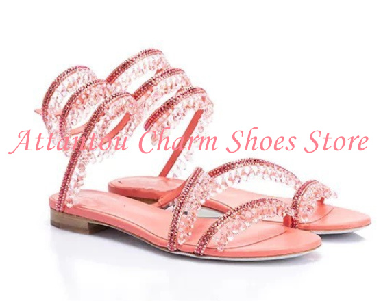 Rhinestone Sandal Women - Sandały damskie płaskie z kryształkami i
