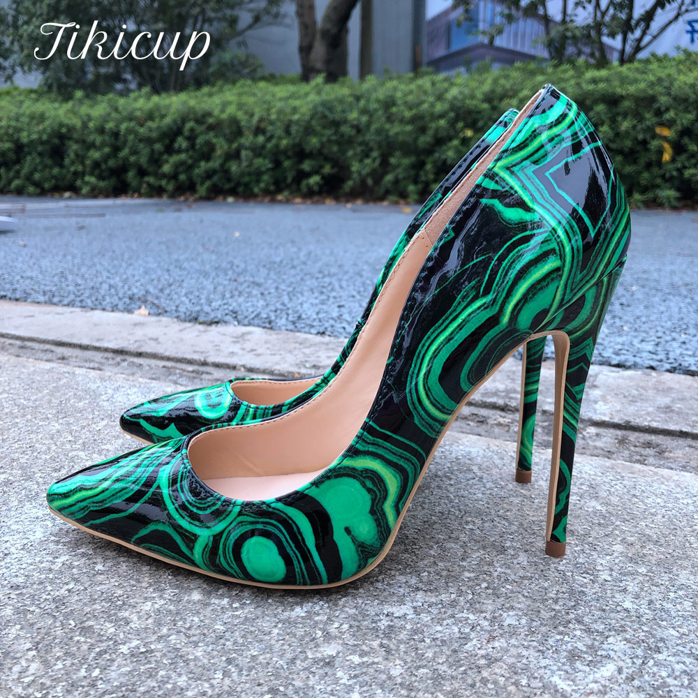 Patent Leather Pump - Tikicup Women Green Floral Print Patent